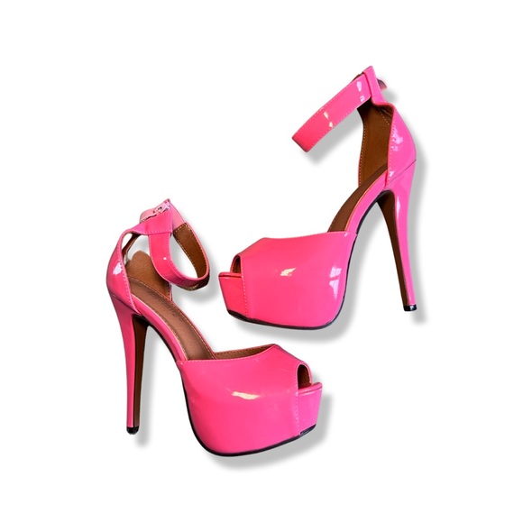 Enelauge Hot Pink Platforms Stiletto Heel 7/7.5 Open Toe - Picture 1 of 4